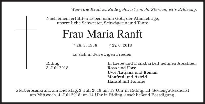  Traueranzeige für Maria Ranft vom 02.07.2018 aus merkurtz
