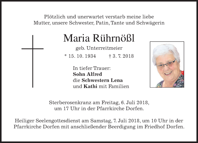  Traueranzeige für Maria Rührnößl vom 05.07.2018 aus merkurtz
