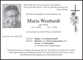 Traueranzeige von Maria Wenhardt von merkurtz