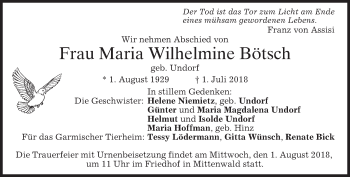 Traueranzeige von Maria Wilhelmine Bötsch von merkurtz