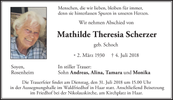 Traueranzeige von Mathilde Theresia Scherzer von merkurtz