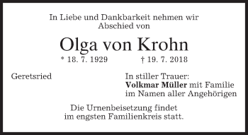 Traueranzeige von Olga von Krohn von merkurtz