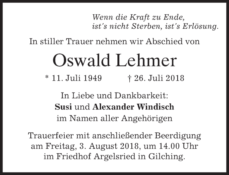  Traueranzeige für Oswald Lehmer vom 31.07.2018 aus merkurtz