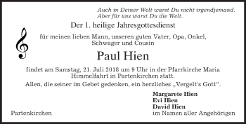 Traueranzeige von Paul Hien von merkurtz
