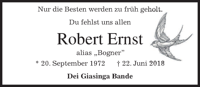  Traueranzeige für Robert Ernst vom 19.07.2018 aus merkurtz
