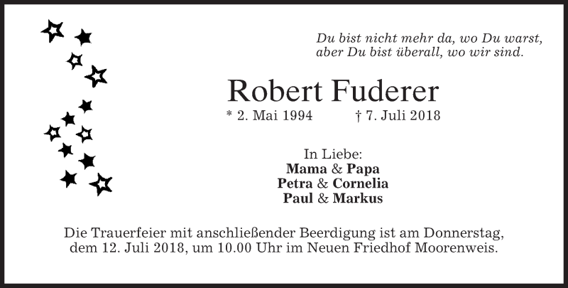  Traueranzeige für Robert Fuderer vom 11.07.2018 aus merkurtz