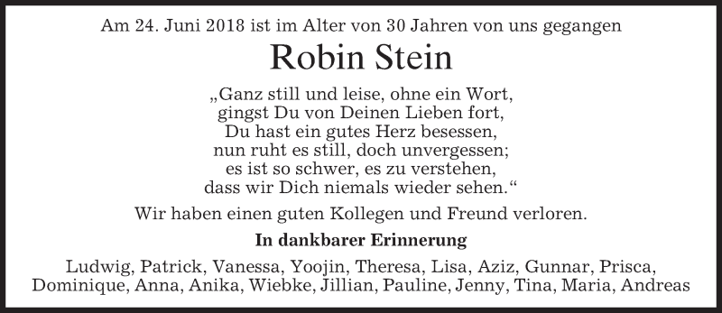  Traueranzeige für Robin Stein vom 14.07.2018 aus merkurtz