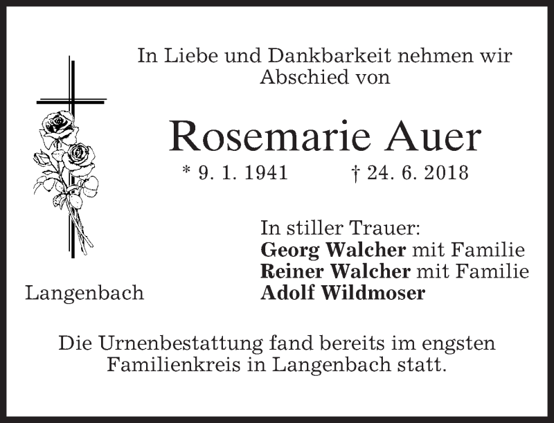  Traueranzeige für Rosemarie Auer vom 14.07.2018 aus merkurtz