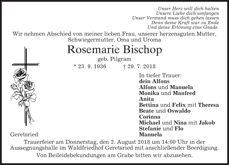  Traueranzeige für Rosemarie Bischop vom 31.07.2018 aus merkurtz