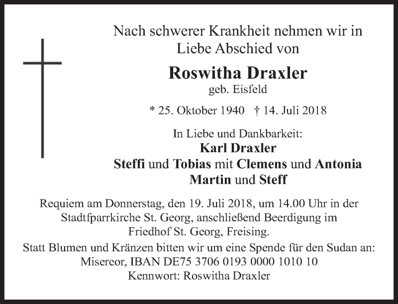  Traueranzeige für Roswitha Draxler vom 17.07.2018 aus merkurtz