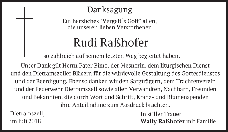  Traueranzeige für Rudi Raßhofer vom 21.07.2018 aus merkurtz