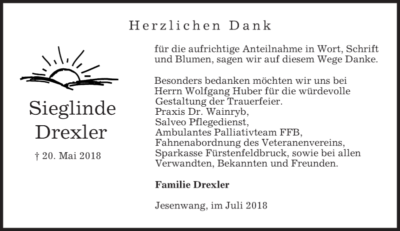  Traueranzeige für Sieglinde Drexler vom 14.07.2018 aus merkurtz