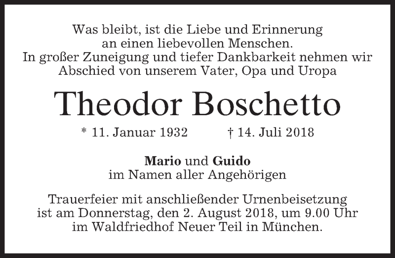  Traueranzeige für Theodor Boschetto vom 28.07.2018 aus merkurtz