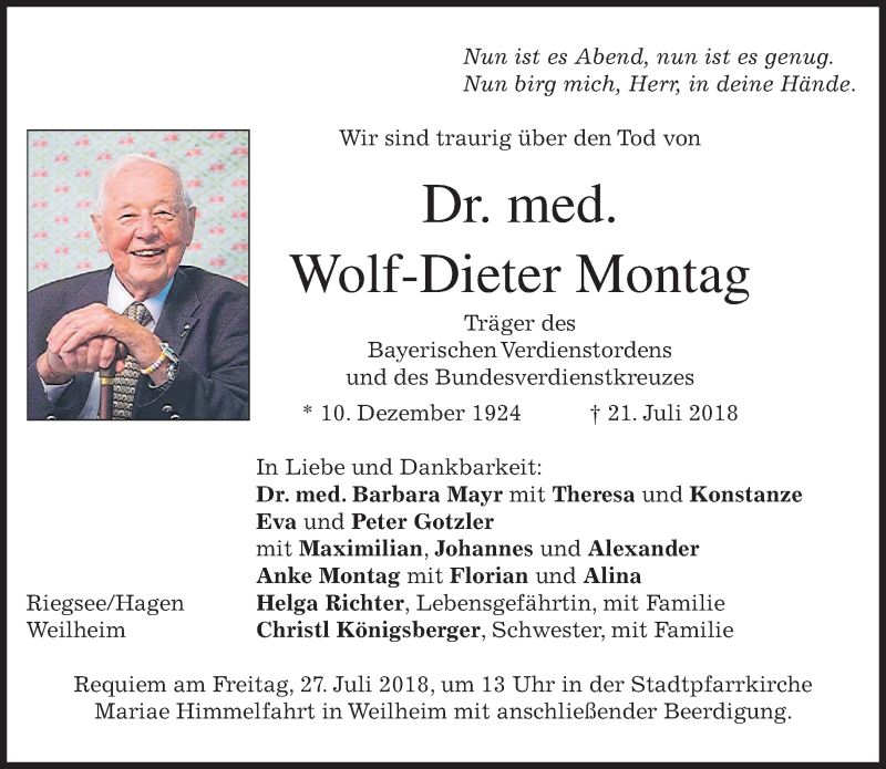  Traueranzeige für Wolf-Dieter Montag vom 24.07.2018 aus merkurtz