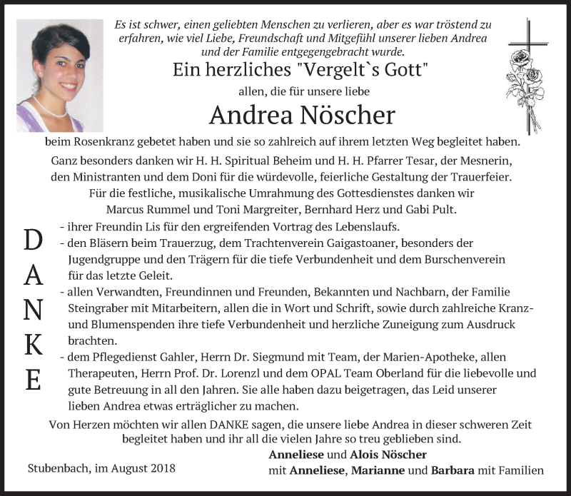  Traueranzeige für Andrea Nöscher vom 04.08.2018 aus merkurtz