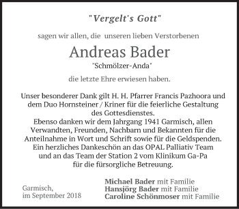 Traueranzeige von Andreas Bader von merkurtz