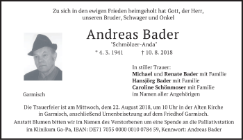 Traueranzeige von Andreas Bader von merkurtz