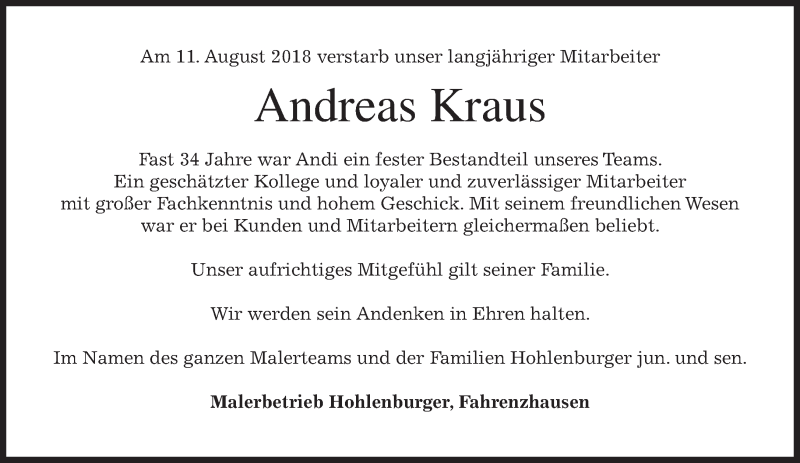  Traueranzeige für Andreas Kraus vom 14.08.2018 aus merkurtz