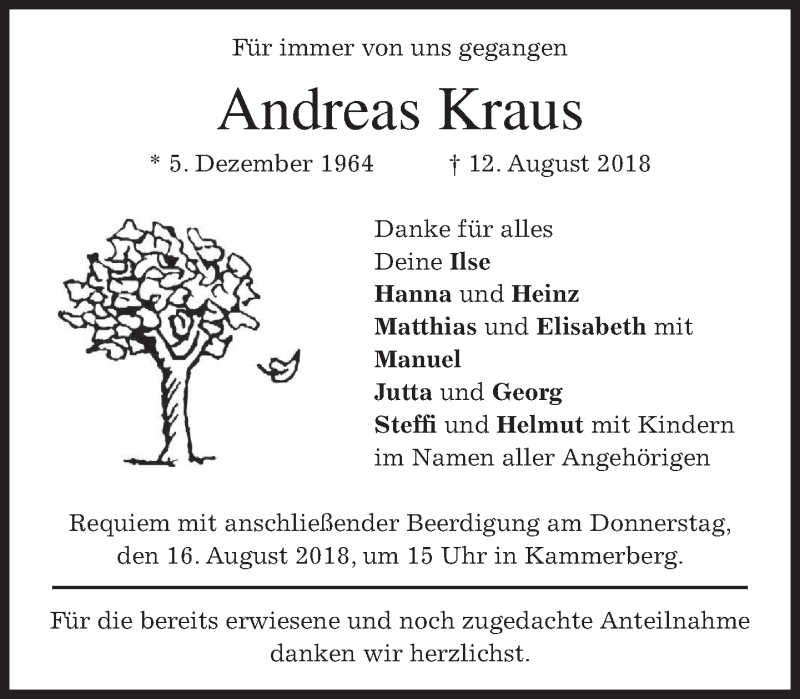  Traueranzeige für Andreas Kraus vom 14.08.2018 aus merkurtz