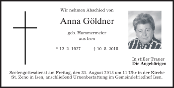 Traueranzeige von Anna Göldner von merkurtz