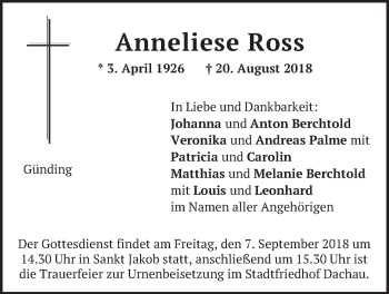 Traueranzeige von Anneliese Ross von merkurtz
