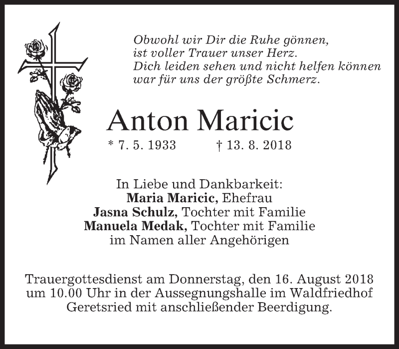  Traueranzeige für Anton Maricic vom 14.08.2018 aus merkurtz