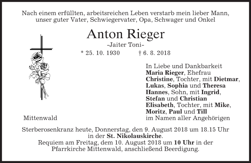  Traueranzeige für Anton Rieger vom 10.08.2018 aus merkurtz