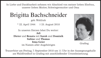 Traueranzeige von Brigitta Bachschneider