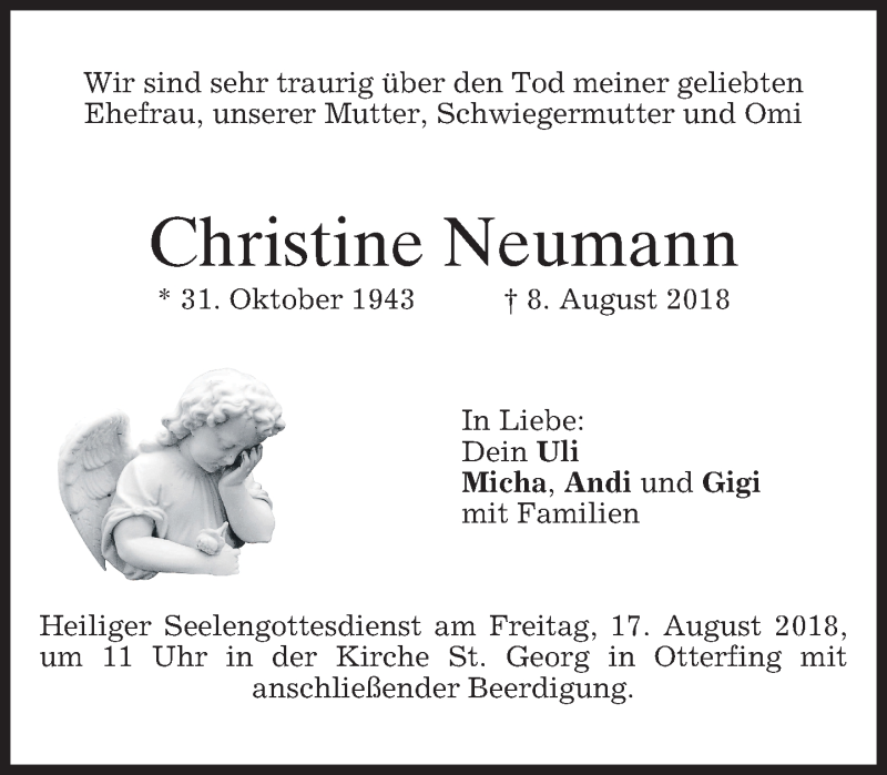  Traueranzeige für Christine Neumann vom 14.08.2018 aus merkurtz