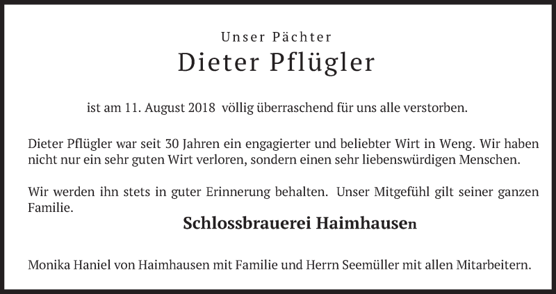  Traueranzeige für Dieter Pflügler vom 24.08.2018 aus merkurtz