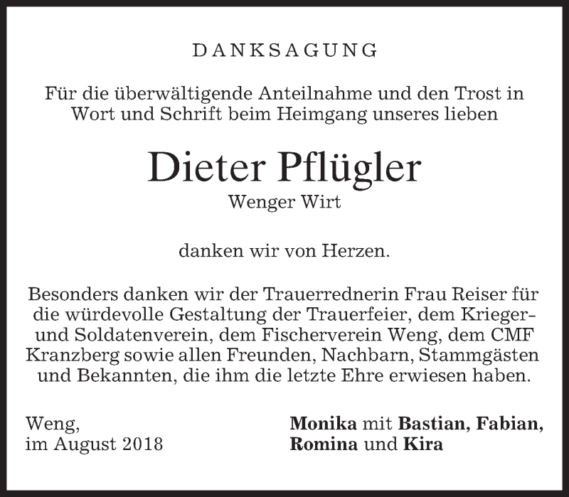  Traueranzeige für Dieter Pflügler vom 01.09.2018 aus merkurtz