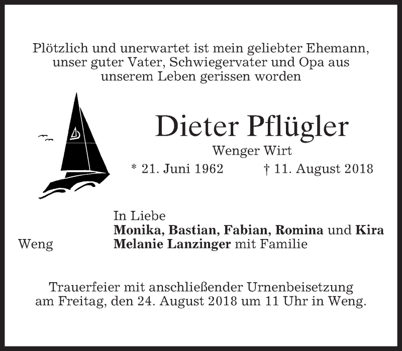  Traueranzeige für Dieter Pflügler vom 18.08.2018 aus merkurtz