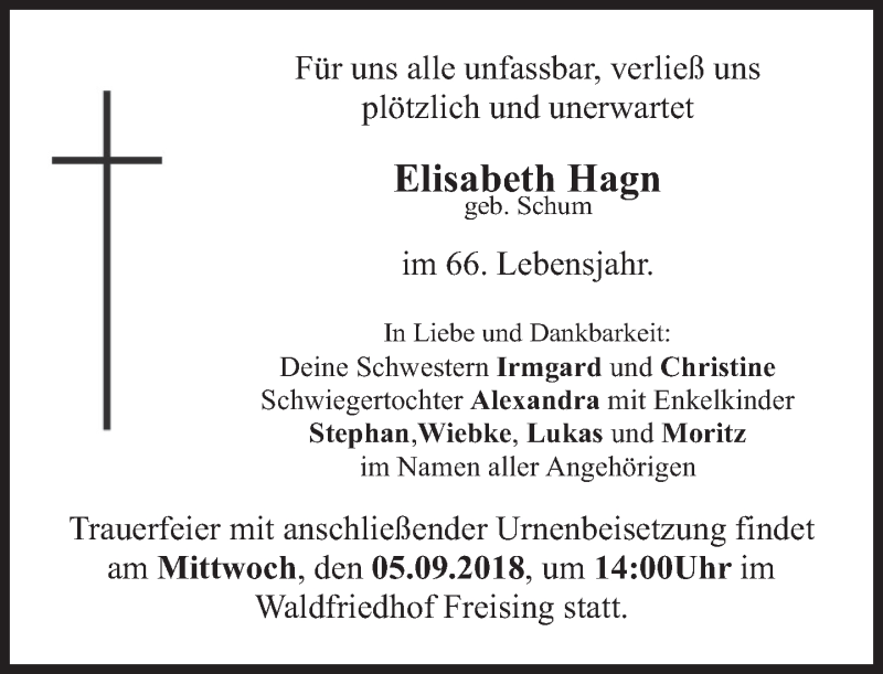  Traueranzeige für Elisabeth Hagn vom 01.09.2018 aus merkurtz