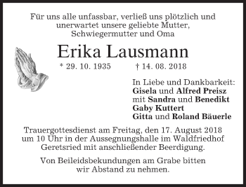 Traueranzeige von Erika Lausmann von merkurtz