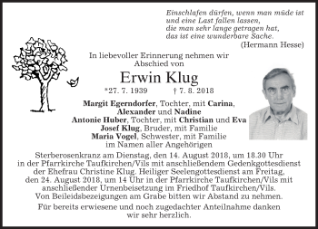 Traueranzeige von Erwin Klug von merkurtz