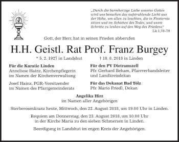 Traueranzeige von Franz Burgey von merkurtz