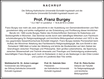 Traueranzeige von Franz Burgey von merkurtz