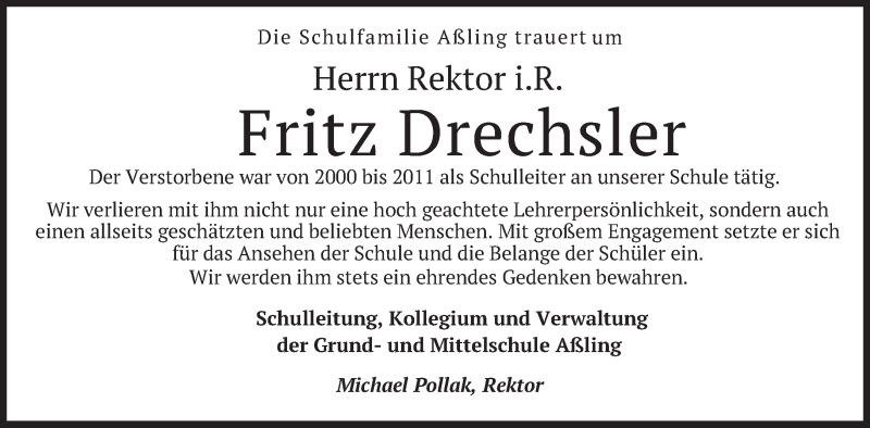  Traueranzeige für Fritz Drechsler vom 22.08.2018 aus merkurtz