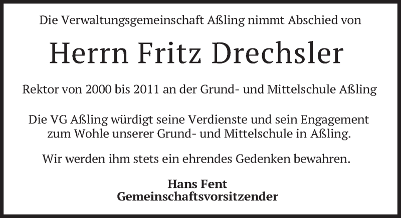  Traueranzeige für Fritz Drechsler vom 22.08.2018 aus merkurtz