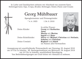 Traueranzeige von Georg Mühlbauer von merkurtz