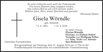 Traueranzeige von Gisela Wörndle von merkurtz
