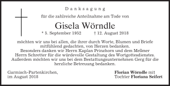 Traueranzeige von Gisela Wörndle von merkurtz