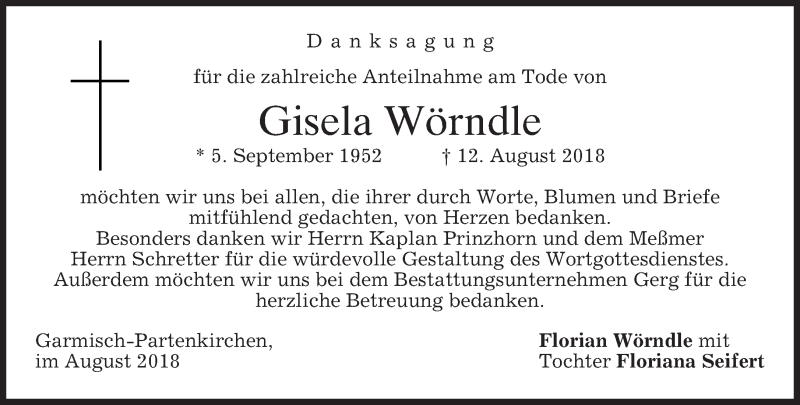  Traueranzeige für Gisela Wörndle vom 01.09.2018 aus merkurtz