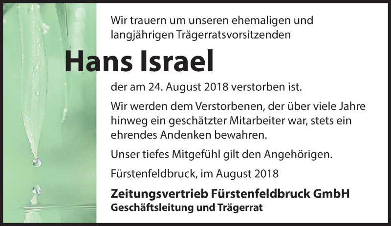  Traueranzeige für Hans Israel vom 29.08.2018 aus merkurtz