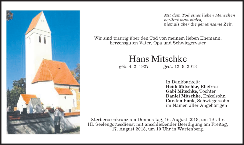  Traueranzeige für Hans Mitschke vom 14.08.2018 aus merkurtz