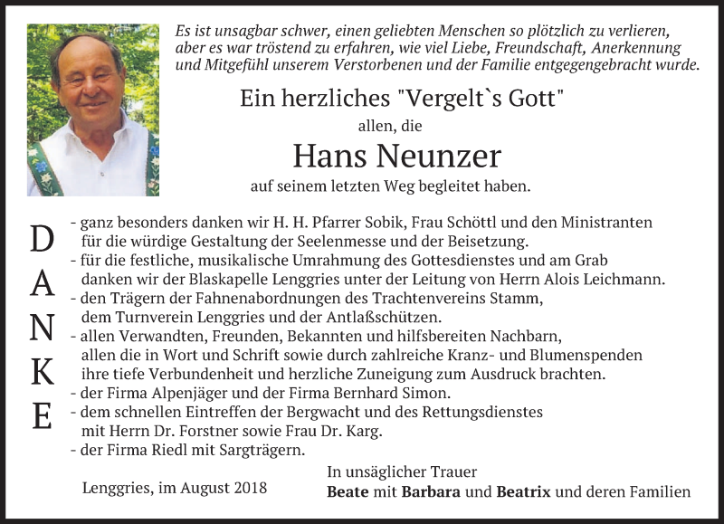  Traueranzeige für Hans Neunzer vom 11.08.2018 aus merkurtz