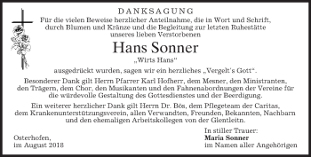 Traueranzeige von Hans Sonner von merkurtz