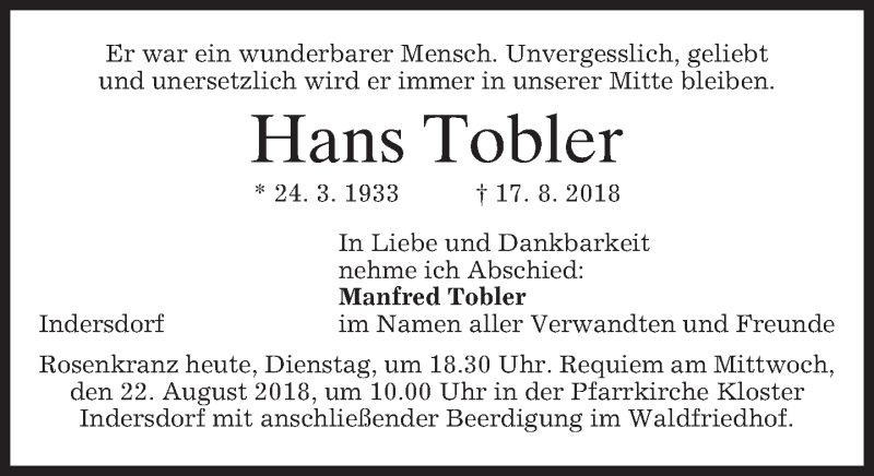  Traueranzeige für Hans Tobler vom 21.08.2018 aus merkurtz