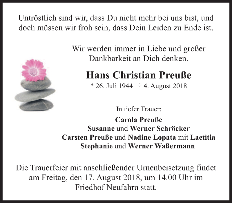  Traueranzeige für Hans Christian Preuße vom 11.08.2018 aus merkurtz