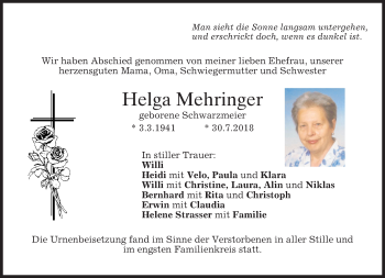 Traueranzeige von Helga Mehringer von merkurtz